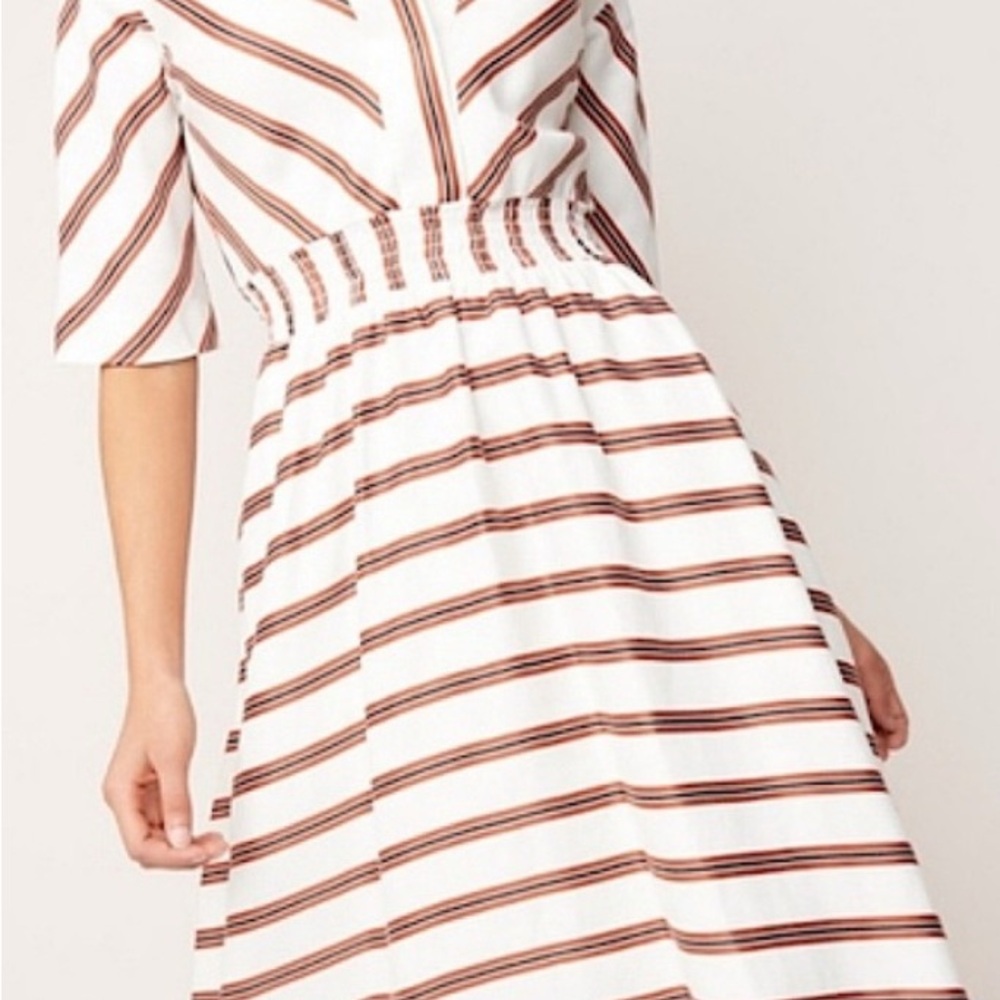 Maje White and Brown Striped Midi Dress
